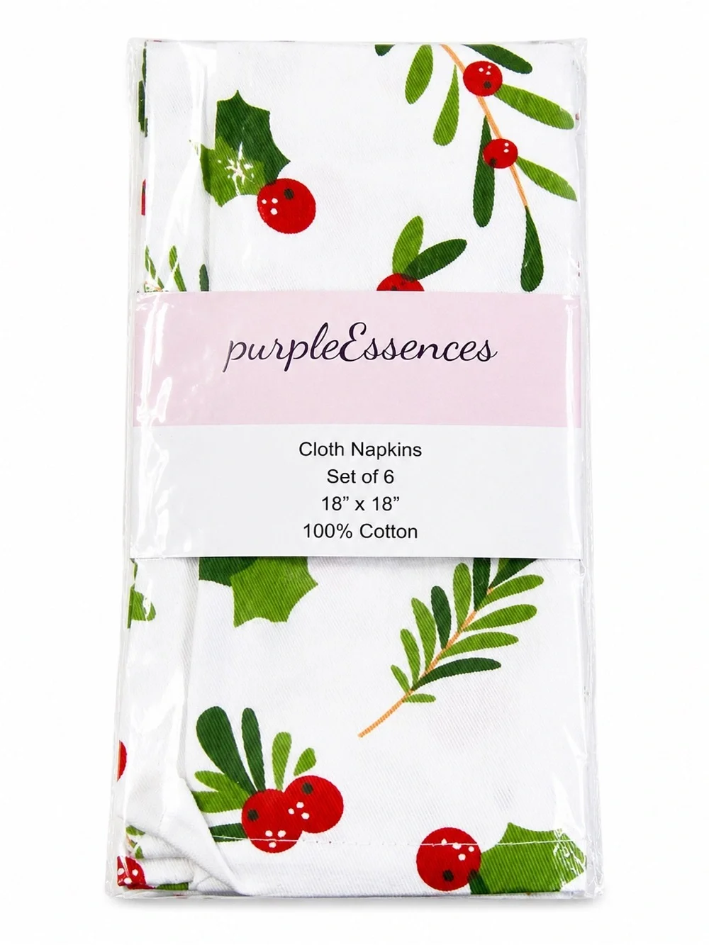Holiday Cloth Napkins - White with Green & Red Holly Print (Set of 6)